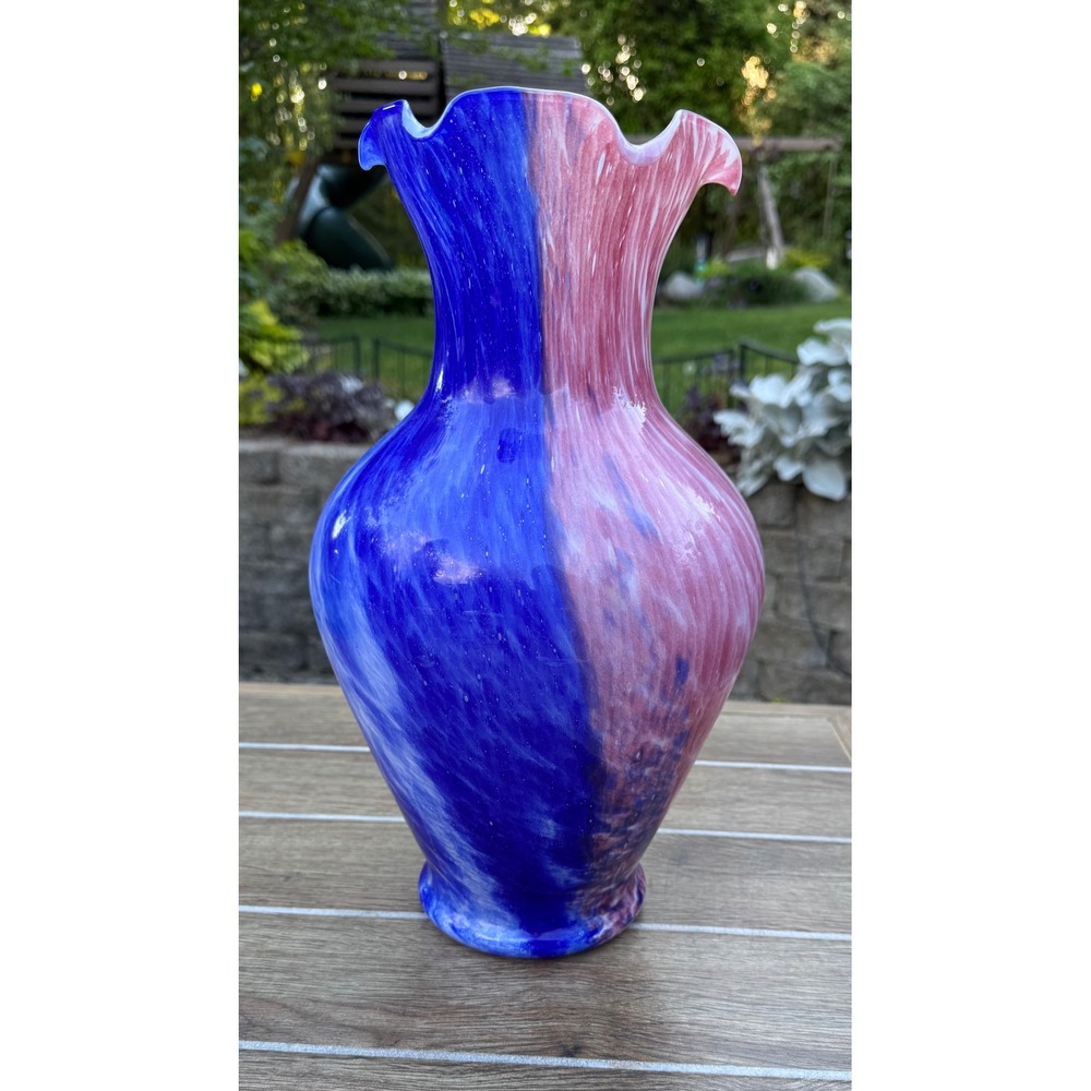 Hand Blown Art Glass Vase Large 14.5" Ruffled Rim Blue Pink Mottled Two-Tone